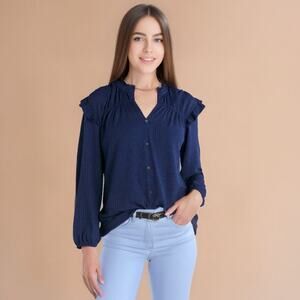 NWOT Kaileigh Navy Blue WaffledTextured Lightweight Ruffled Top Sz Large